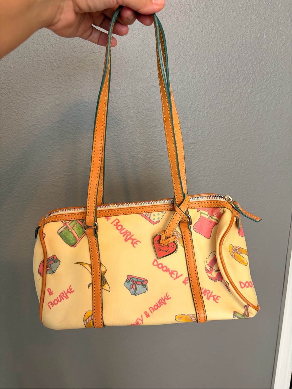 Dooney & Bourke Yellow Printed Leather Shoulder Bag with Tan Trim